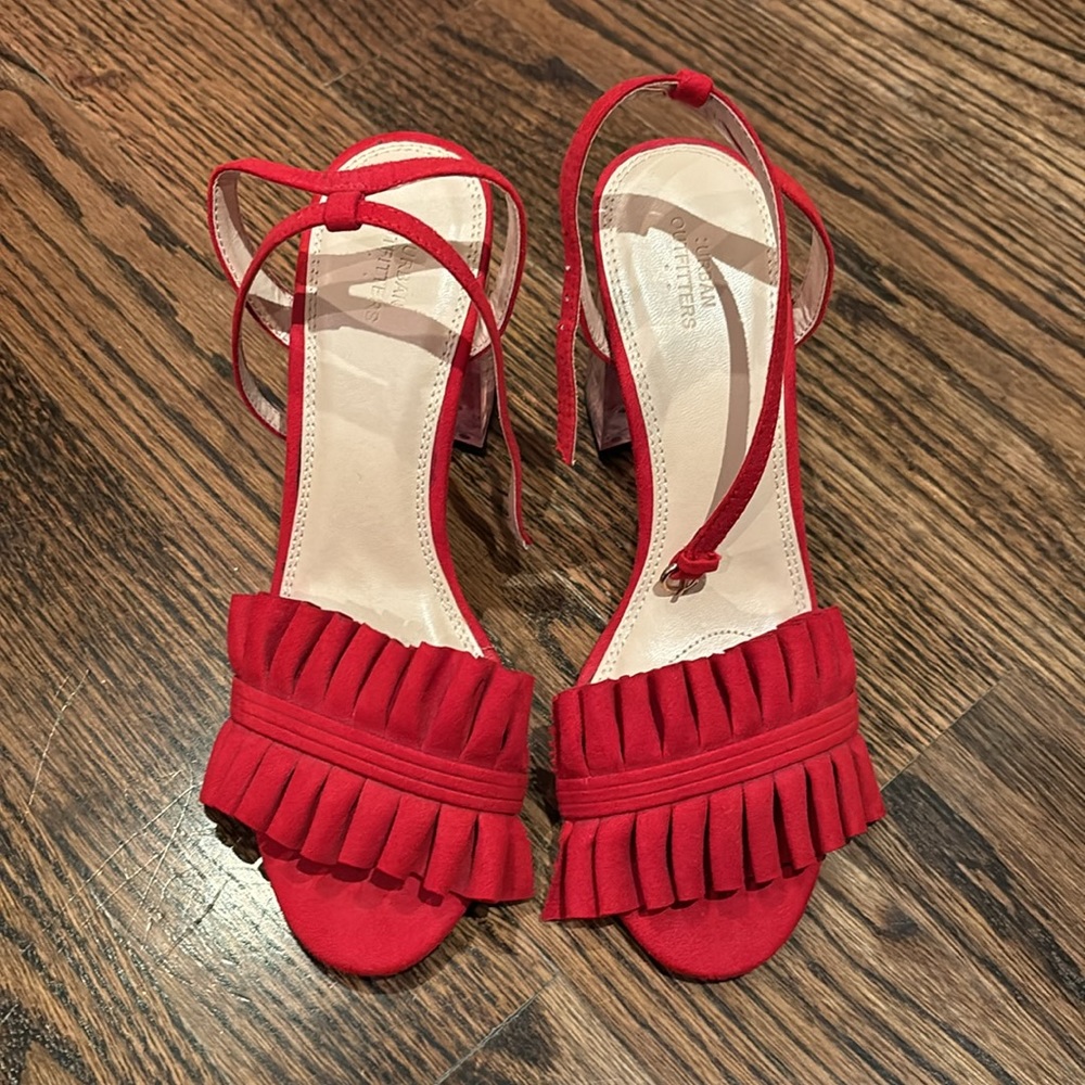 Urban Outfitters Red Ruffle Strap Acrylic Heel Shoes